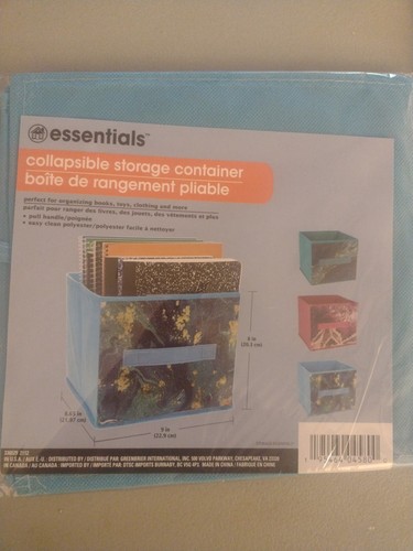 Essentials collapsible Storage Bin Cube Blue 8.65x9x8" pull handles - Picture 2 of 3