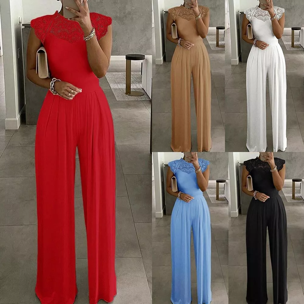 Womens Sleeveless Wide Leg Lace Jumpsuit Formal Evening Party