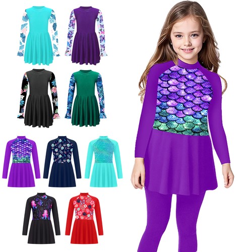 Kids Girls Swimwear Cover Ups UPF 50+ Long Sleeve Rash Guard Swim Dress Tops - Picture 1 of 103