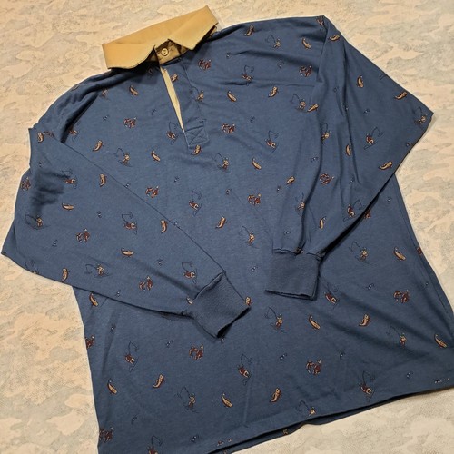 Vintage Woolrich Polo Shirt Mens Large AOP Fish Print Long Sleeve Fishing - Picture 2 of 11
