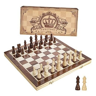  15 Inches Magnetic Wooden Chess Set - 2 Extra Queens - Folding Board - Pieces 