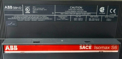 ABB S6H-D SACE ISOMAX S6 3 POLE UNIT 800A CIRCUIT BREAKER SWITCH - Picture 6 of 8