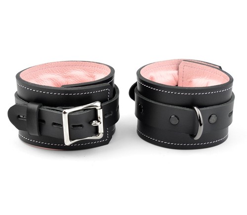 ANKLE BLACK & BLUSH PINK cuffs premium PADDED Handcrafted Leather CF1ABPnk - Picture 2 of 3