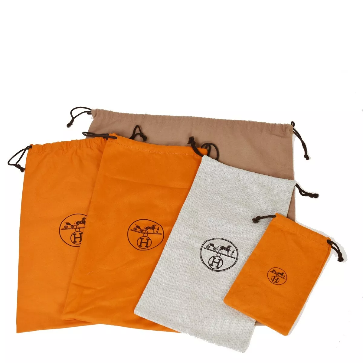 HERMES H 5 Set Dust Bag Drawstring Canvas Cotton Brown Ivory Orange 09MX296