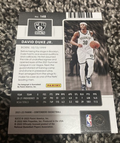 2021-22 Contenders David Duke JR Rookie RC PLAYOFF Ticket Auto Silver 74/99 SP - Bild 2 von 2