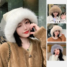 Women Winter Warm Hat Fluffy Faux Fur Soft  Trimmed Caps Cute Beanie Hat Gifts