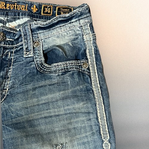 Jean homme Rock Revival taille 34 (34x30) coupe botte Themis bleu stretch vieilli - Photo 8 sur 24