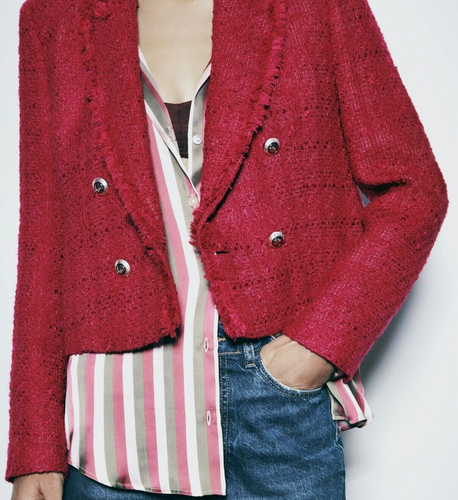 Giacca blazer ZARA rosso cropped testurizzato sfilacciato doppiopetto media nuova con etichette gy - Foto 5 di 15