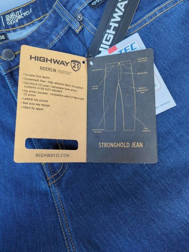 Highway 21 Motorcycle Gear Stronghold Denim Jeans SAS-Tec Protection, Size 38 - Picture 2 of 4