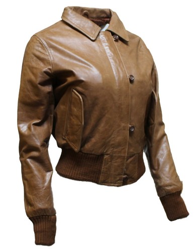 Women's Classic Retro Tan Hide Leather Bomber Jacket - Picture 2 of 5