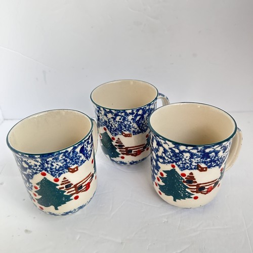 Tienshan Mugs Folk Craft Country Cabin In The Snow Coffee Cups Set of 3 - Picture 4 of 10