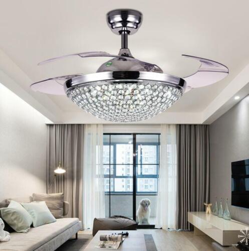 42" Silver Luxury Invisible Ceiling Fan Lamp Crystal LED Chandelier Light+Remote - Picture 90 of 94