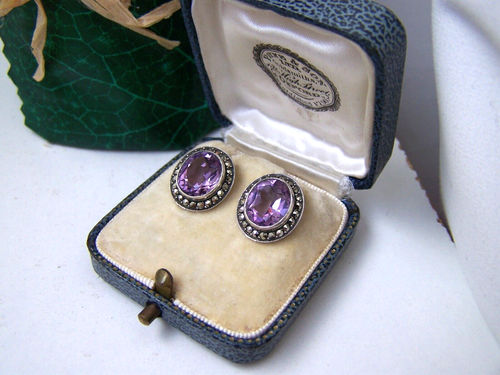 GORGEOUS VINTAGE 925 SOLID STERLING SILVER AMETHYST & MARCASITE EARRINGS STUDS - Picture 9 of 13