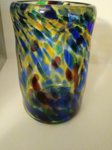 Handblown Drinking Glasses, Set Of 4. Blue, Brown, Yellow And Green Swirls. 4"H - Picture 7 of 7