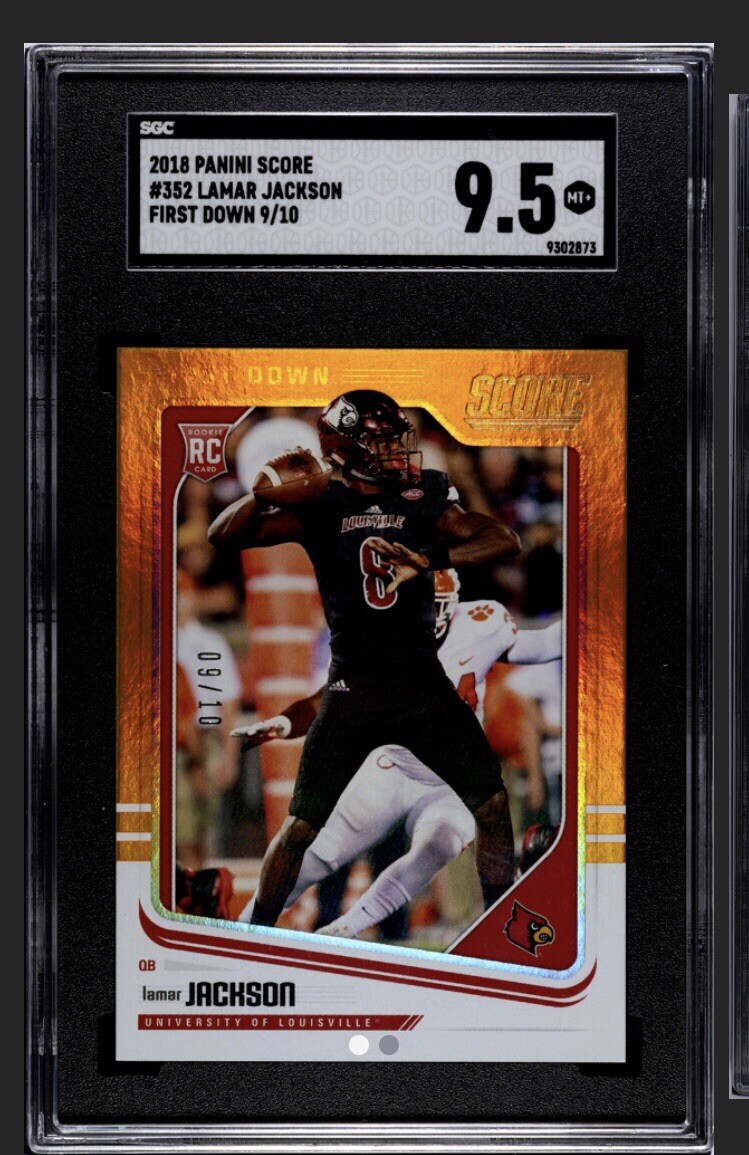 2018 Score Lamar Jackson Gold First Down Rc 09/10 SGC  9.5. Mint RAVENS MVP
