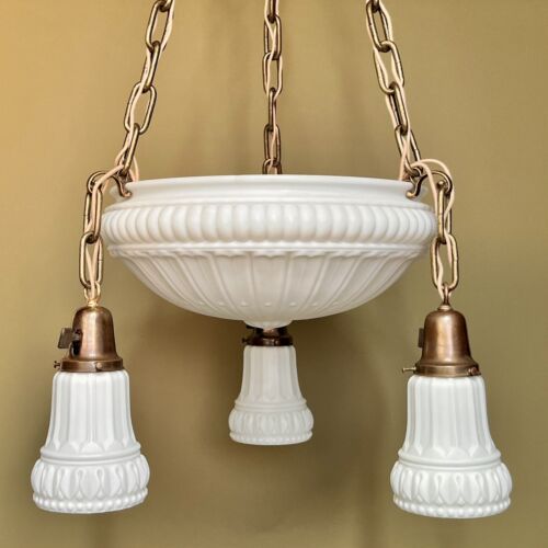 Vintage 1920s Gravity Bowl Pan Chandelier With Milk Glass Shades - Restored! - Picture 6 of 12