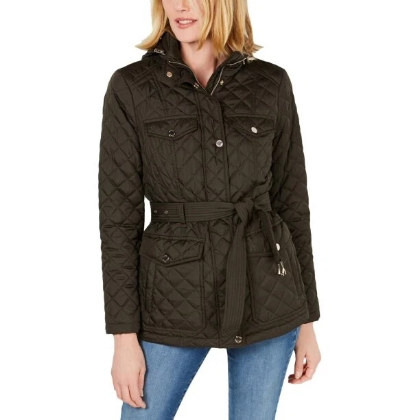 Michael kors navy quilted concealed hooded coat Clearance