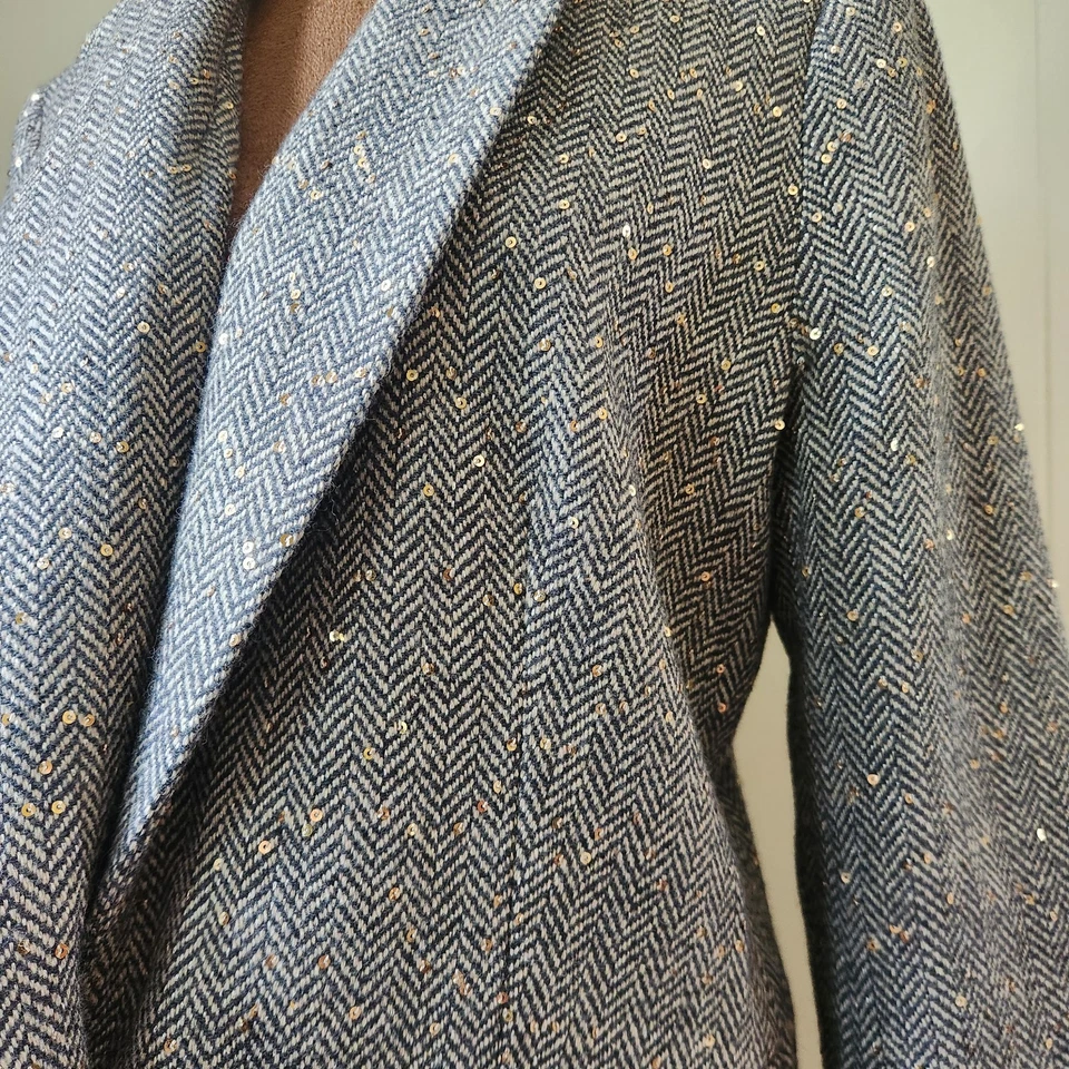 LOFT Blazer Jacket Herringbone Wool Blend Size 8 Beige Gray Sequin Women's - Image 2 of 4
