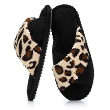 Slippers for Women Memory Foam House Bedroom 9-10 Corduroy Leopard Black