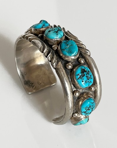 VTG Heavy Signed Navajo Sterling Silver 9 Stone Turquoise Cuff Bracelet Size 7" - Picture 3 of 13