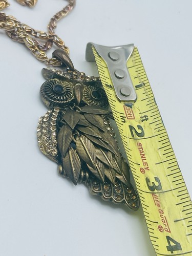 Vintage Bronze Colored Owl Pendant Gold Amber Colored Rhinestones Articulated - Picture 7 of 8