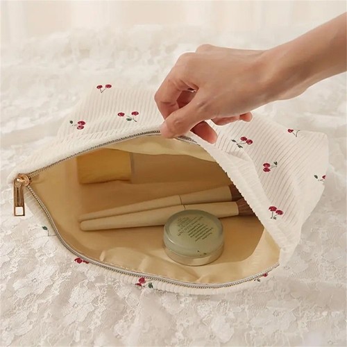 with Lining Cherry Makeup Bag Corduroy Cosmetic Organizer Bag Daily Use - Picture 5 of 11