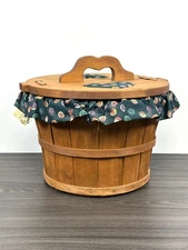 Vintage Bushel Basket Sewing Box Fabric Lined 15"Diameter 12"T Wood Handle
