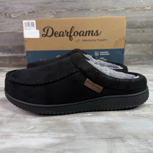 Dearfoams "Memory Foam Slippers" Herren Fell gefüttert Mokassin Clog schwarz NEU - Bild 3 von 10