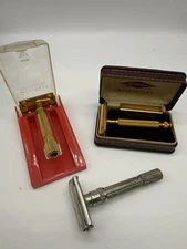 Nice Cased Gillette Gold Aristocrat Razor With Blade Bank In Leather Case Regals