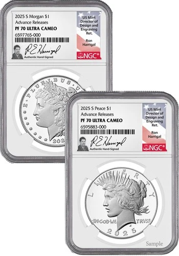 2025-S Morgan and Peace Silver Dollar 2pc Set AR NGC PF70 Harrigal