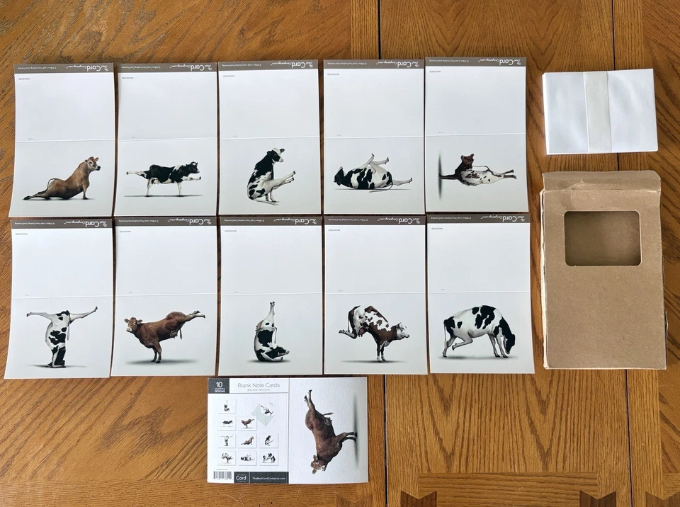 NobleWorks 10-pack all occasion blank cards cows yoga New Open Box 5"x4" folded - Image 2 of 4