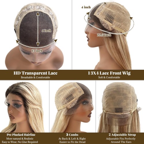 28 Inch Highlight Blonde Lace Front Wigs Human Hair 13x4 HD Transparent Gluel... - Bild 4 von 6