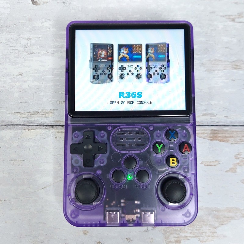 Retro R36S Handheld Game Console Linux 3.5" IPS Translucent Purple 64GB & Case