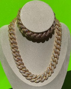 Authentic Lab Moissanite Necklace Bracelet Lot 18k gold plated Curb Cuban Chain Bling