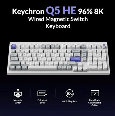 Keychron Q5 HE 96% 8K Wired Gaming Keyboard (White) Magnetic Lime Switch Hall