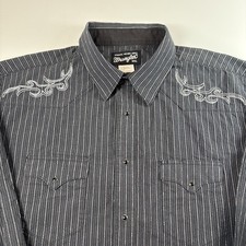 Wrangler Shirt Men XXL Black Striped Embroidered Western Cowboy Rodeo Pearl Snap