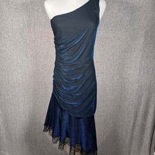 VTG 1980s 90s Womens Asymmetric Whimsygoth Metallic Blue Black Prom Dress Size 5