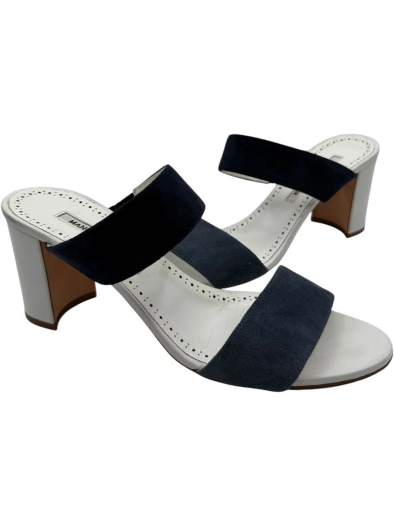 MBT Sandali Manolo Blahnik neri in camoscio e pelle bianca taglia 39 5