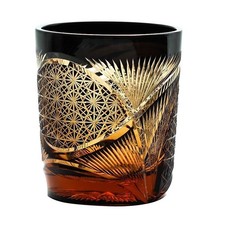 Luxury Handmade Edo Kiriko Whisky Brandy Crystal Cut Glass Amber Black Tumbler