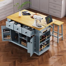 K&K 53inch Large Kitchen Island with Drop Leaf,Power Outlet,Door Internal Stor