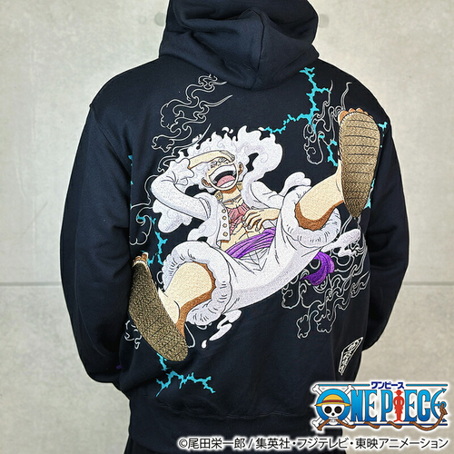 Felpa con cappuccio Karakuri Soul x One Piece Luffy Gear 5 ricamata zip nera XL Giappone