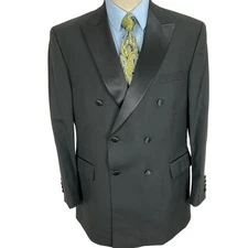 Jos A Banks Tuxedo Jacket Men 44R Black Double Breasted Peak Satin Formal Blazer
