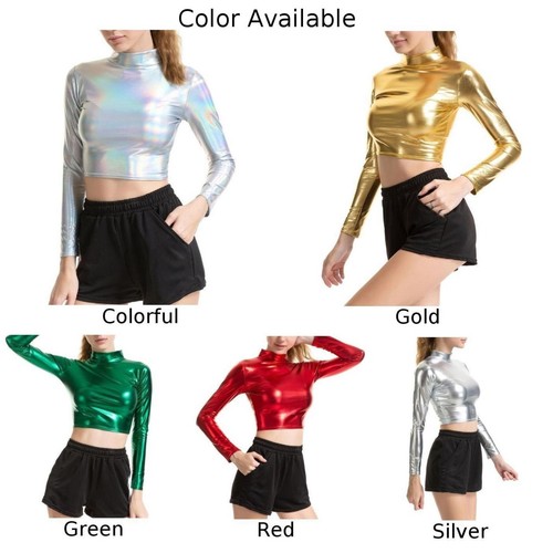 Women Mock Neck Tops Dance Club Long Sleeve Mock Neck Women Faux Leather Shiny - Picture 5 of 32