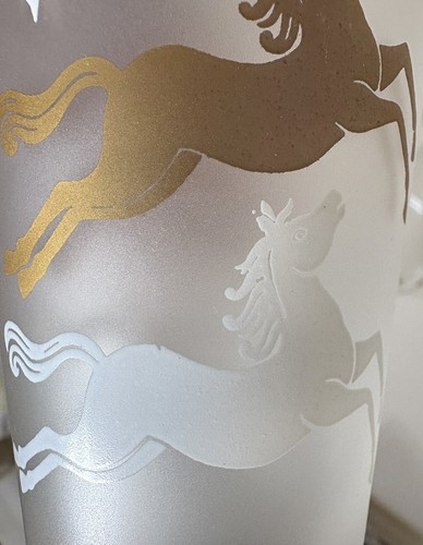 Vasos para caballos Libbey Cavalcade vasos esmerilados galopantes MCM 50s dorado blanco x3 - Imagen 8 de 11