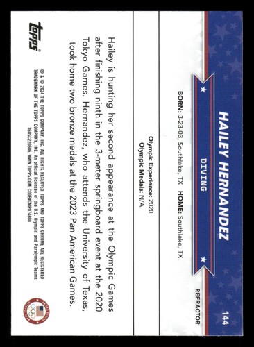 2024 Topps Chrome US OLYMPIC HAILEY HERNANDEZ REFRACTOR #144 - Picture 2 of 2