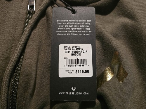 True Religion City Buddha Zip Hoodie Men's Size Large Kalamata Green Metallic - Picture 7 of 11