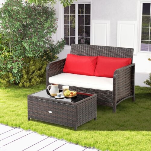 2 Pieces Patio Outdoor Wicker Rattan Loveseat Seating Set Coffee Table Cushioned - Picture 3 of 10