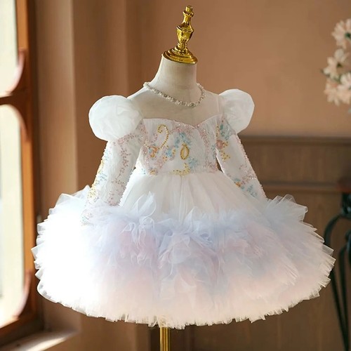 Sequins White Puffy Girl Princess Dress Knee Length Long Sleeve Birthday Gowns - Picture 2 of 10