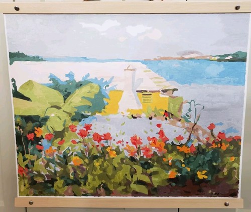 Original Acrylic Painting On Canvas Jamaican Home Tropical Yard Bright Flowers - Picture 2 of 10