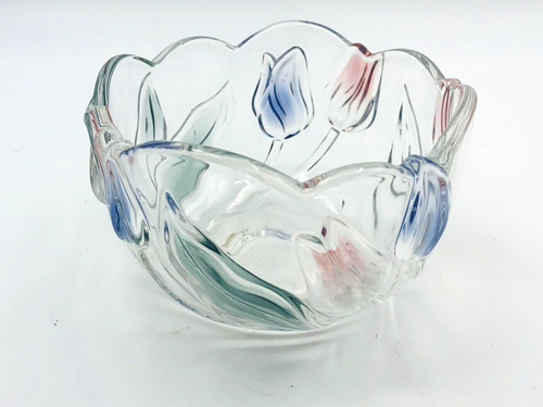 Crystal Glass Bowl Mikasa Pink and Purple Tulips 5 In - Picture 2 of 7